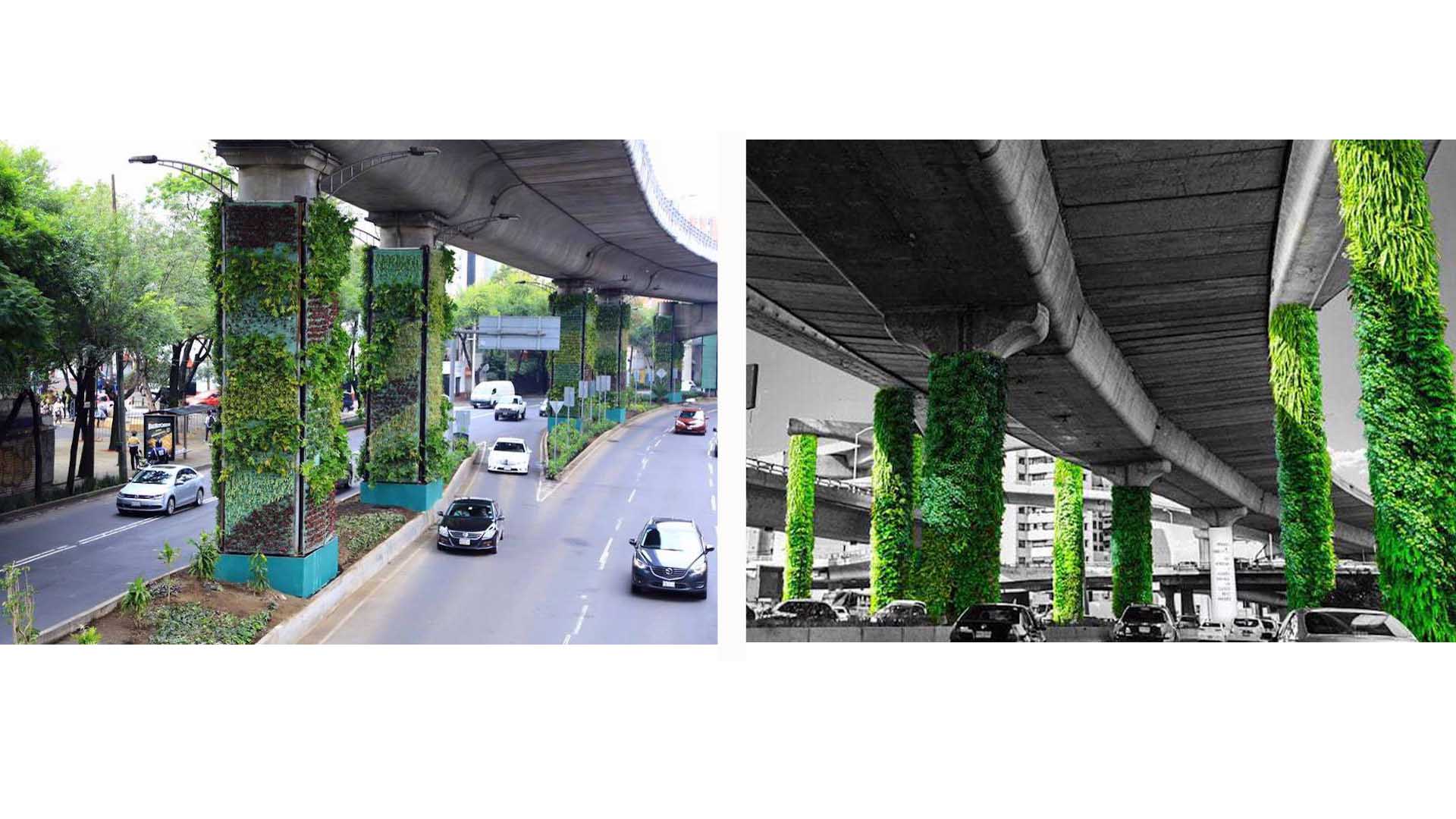 México revolucionó el concepto de llevar la naturaleza a los urbanismos y ha convertido las columnas de uno de sus puentes en hermosos invernaderos