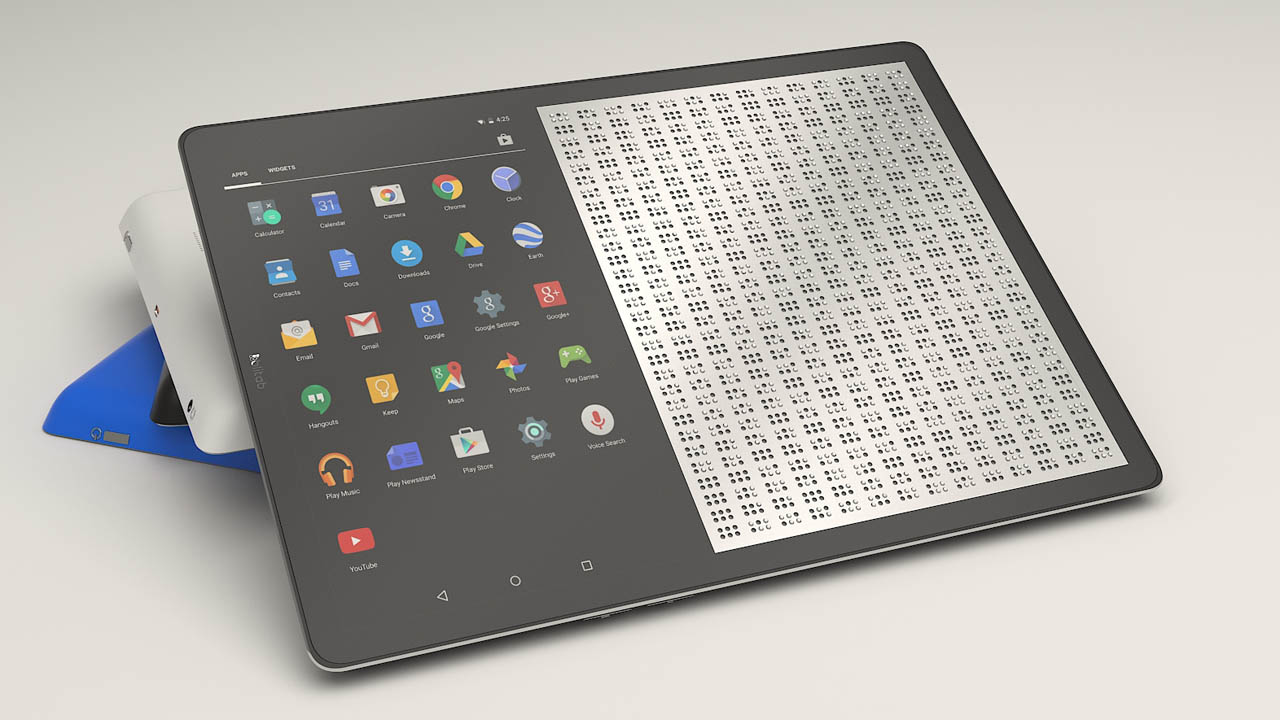 Esta tableta con pantalla doble (tradicional y en braile) permite que las personas ciegas lean en estos dispositivos sin problema