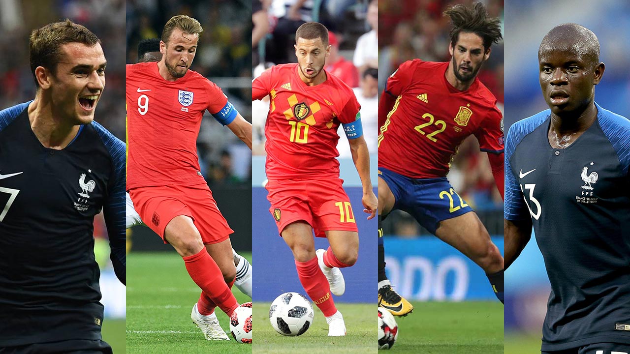 Los campeones del mundo Antoine Griezmann y N'Goló Kanté encabezan una lista donde también figuran Eden Hazard, Isco y Harry Kane